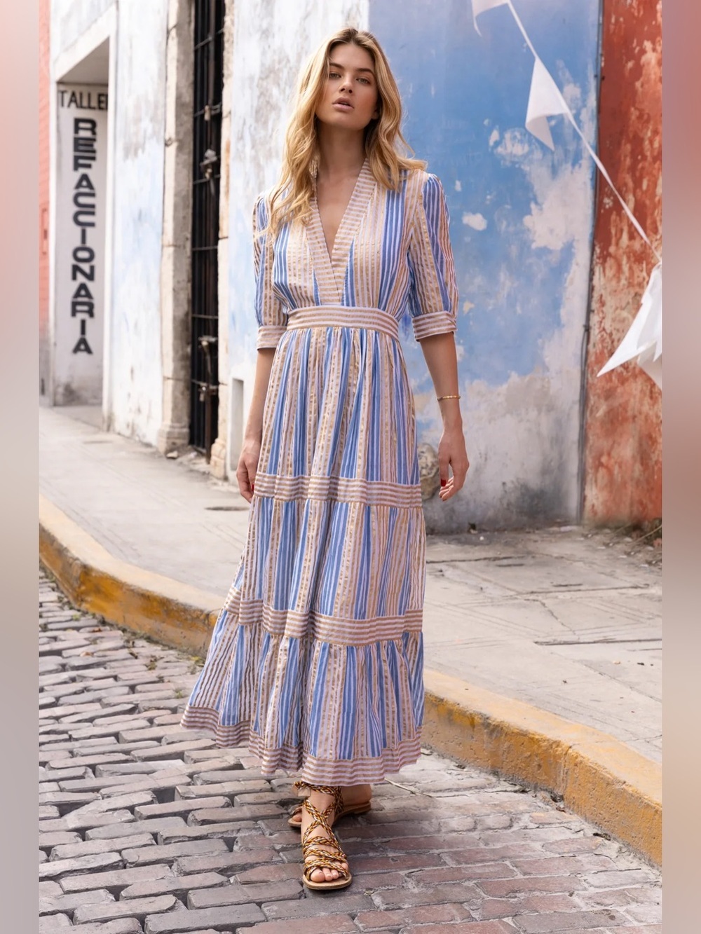 NWOT Oliphant Blue and Gold Striped Samoa V-Neck Maxi Dress